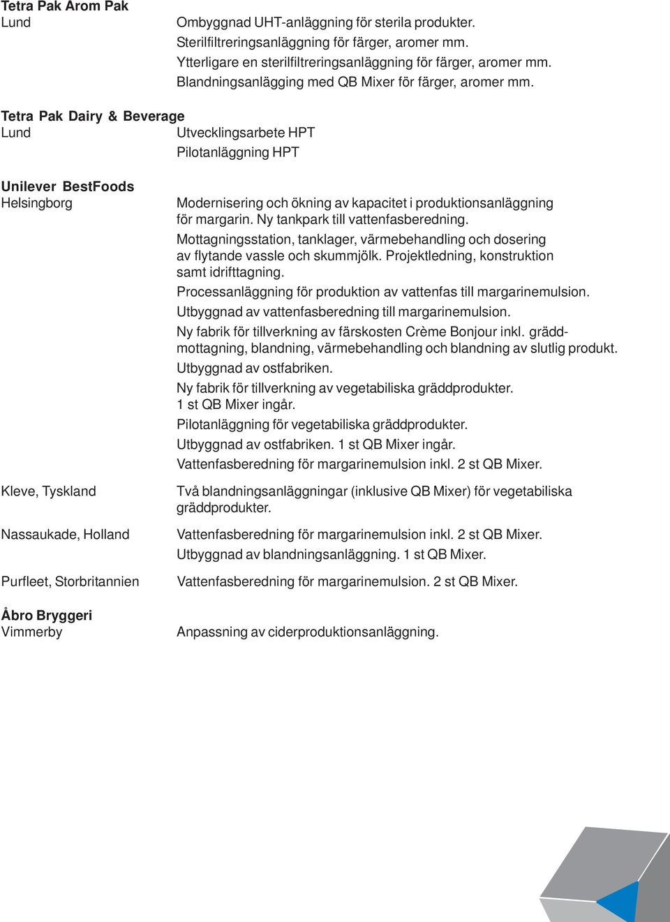 Tetra Pak Dairy & Beverage Utvecklingsarbete HPT Pilotanläggning HPT Unilever BestFoods Helsingborg Kleve, Tyskland Nassaukade, Holland Purfleet, Storbritannien Åbro Bryggeri Vimmerby Modernisering