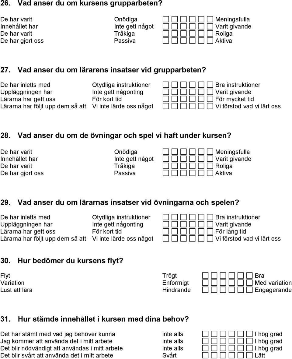 De har inletts med Otydliga instruktioner Bra instruktioner Uppläggningen har Inte gett någonting Varit givande Lärarna har gett oss För kort tid För mycket tid Lärarna har följt upp dem så att Vi