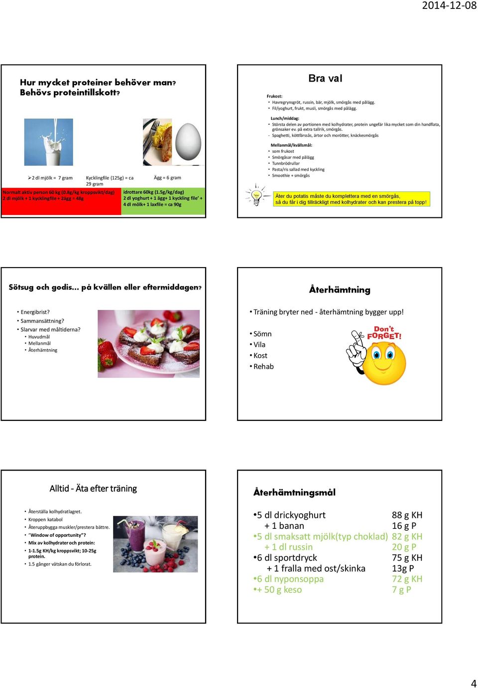 - Spaghetti, köttfärssås, ärtor och morötter, knäckesmörgås 2 dl mjölk = 7 gram Kycklingfile (125g) = ca 29 gram Normalt aktiv person 60 kg (0.