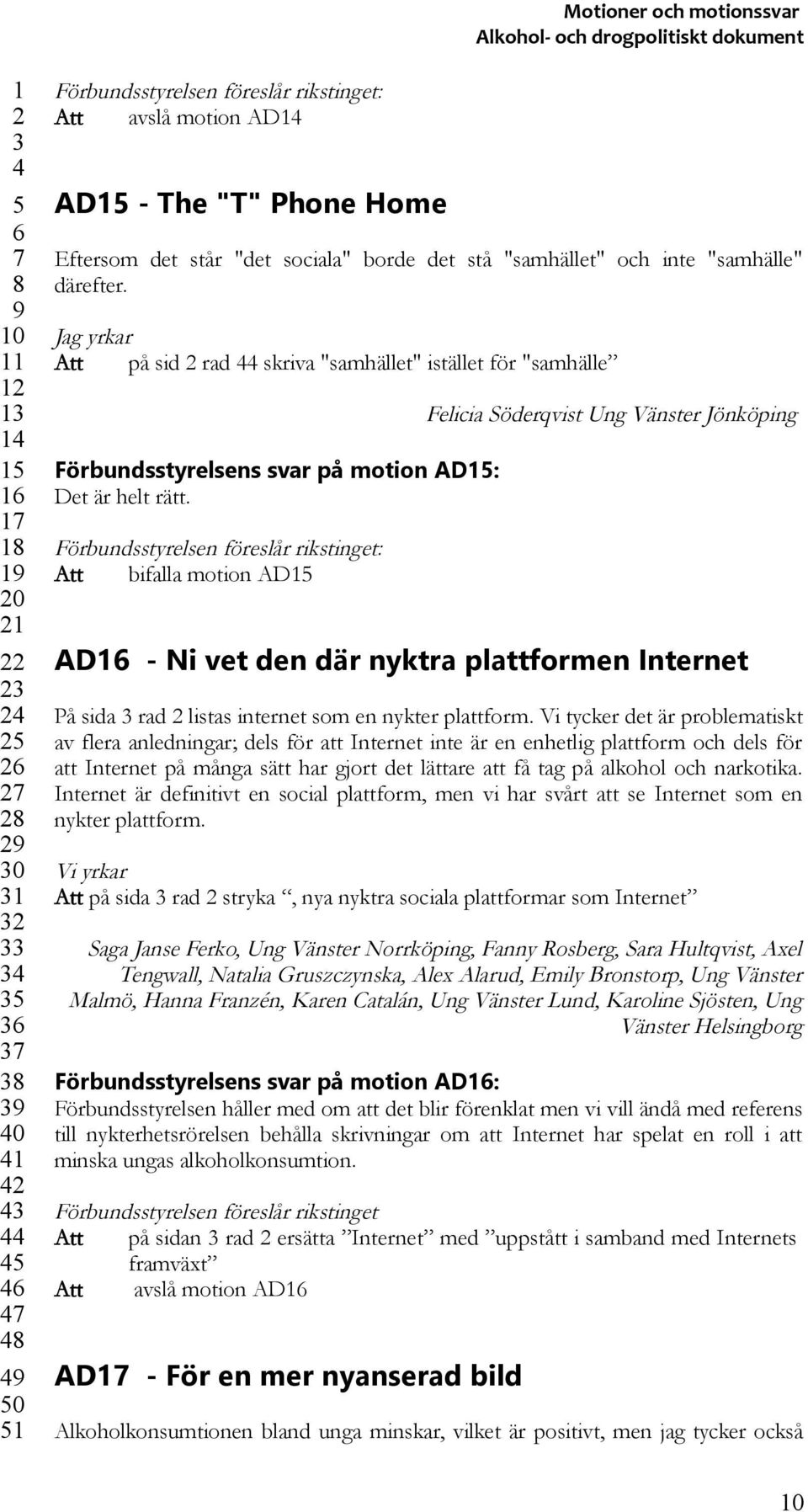 : Att bifalla motion AD Felicia Söderqvist Ung Vänster Jönköping AD - Ni vet den där nyktra plattformen Internet På sida rad listas internet som en nykter plattform.
