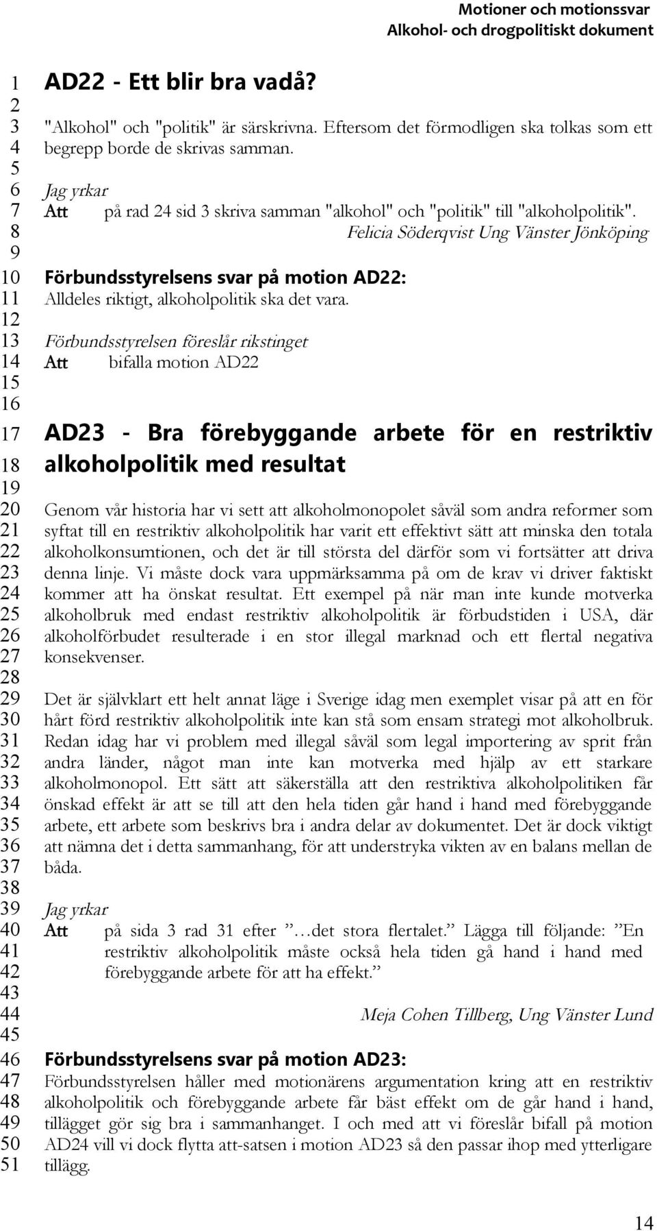 Felicia Söderqvist Ung Vänster Jönköping Förbundsstyrelsens svar på motion AD: Alldeles riktigt, alkoholpolitik ska det vara.