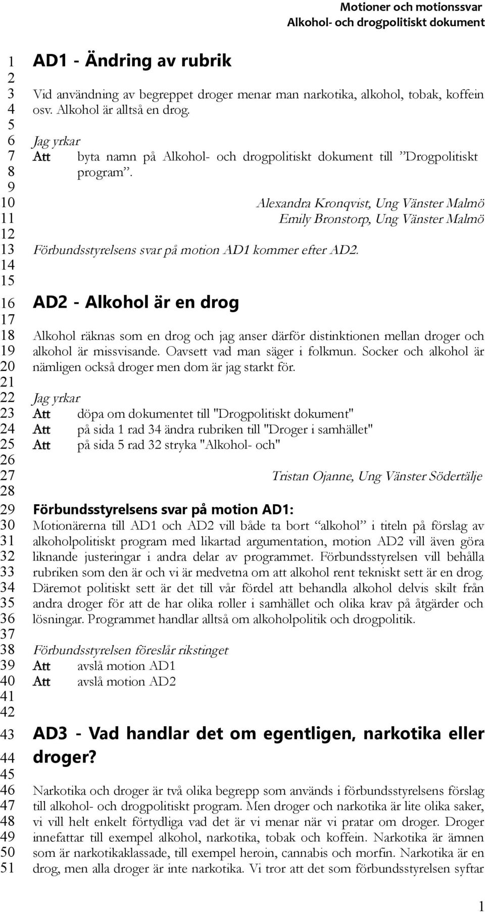 AD - Alkohol är en drog Alexandra Kronqvist, Ung Vänster Malmö Emily Bronstorp, Ung Vänster Malmö Alkohol räknas som en drog och jag anser därför distinktionen mellan droger och alkohol är