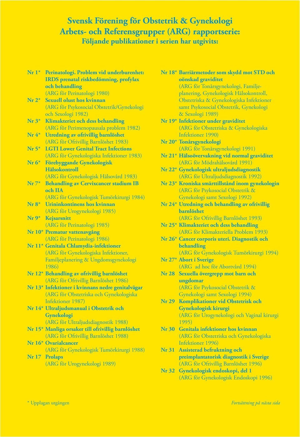 1982) Nr 3* Klimakteriet och dess behandling (ARG för Perimenopausala problem 1982) Nr 4* Utredning av ofrivillig barnlöshet (ARG för Ofrivillig Barnlöshet 1983) Nr 5* LGTI Lower Genital Tract