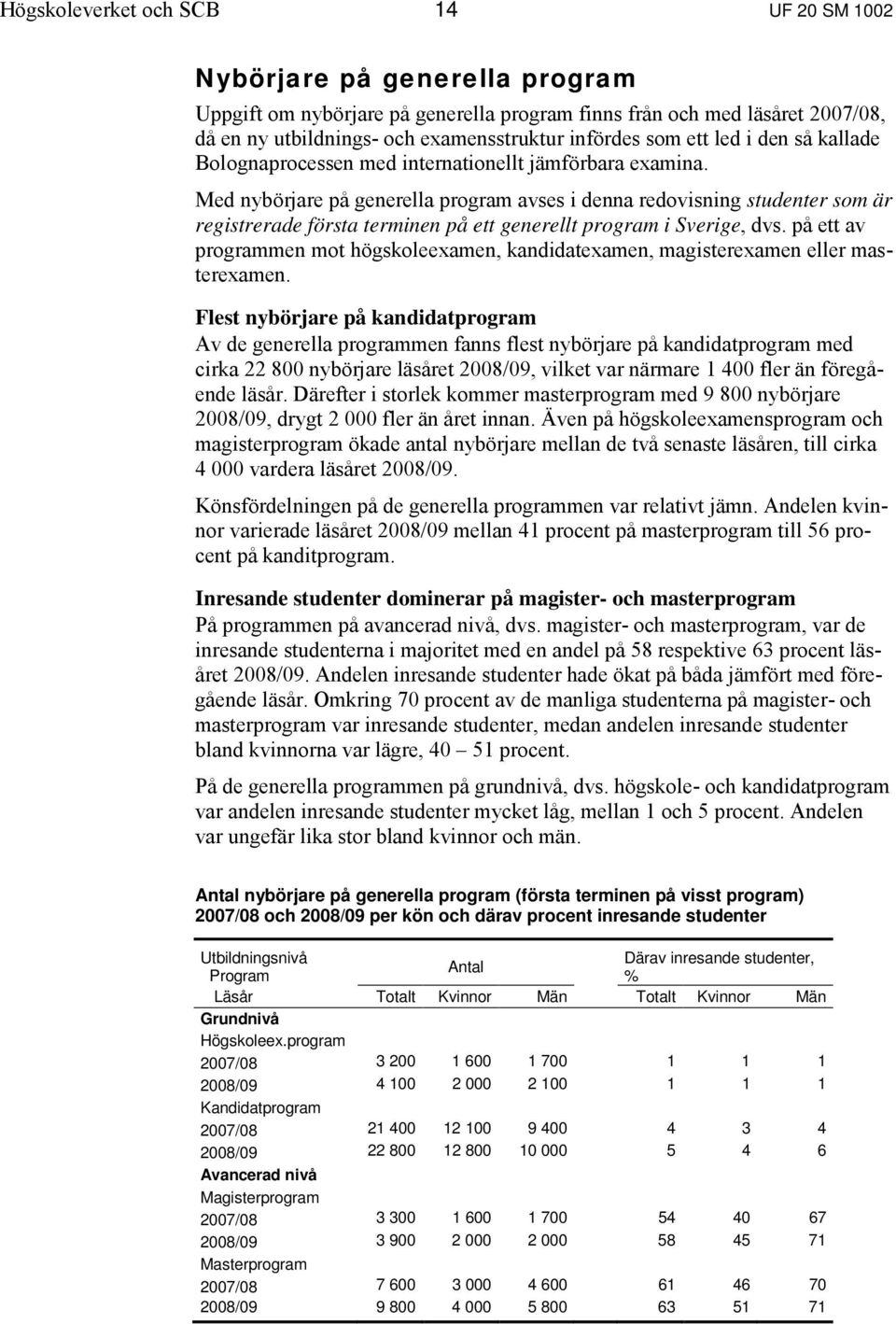 Med nybörjare på generella program avses i denna redovisning studenter som är registrerade första terminen på ett generellt program i Sverige, dvs.