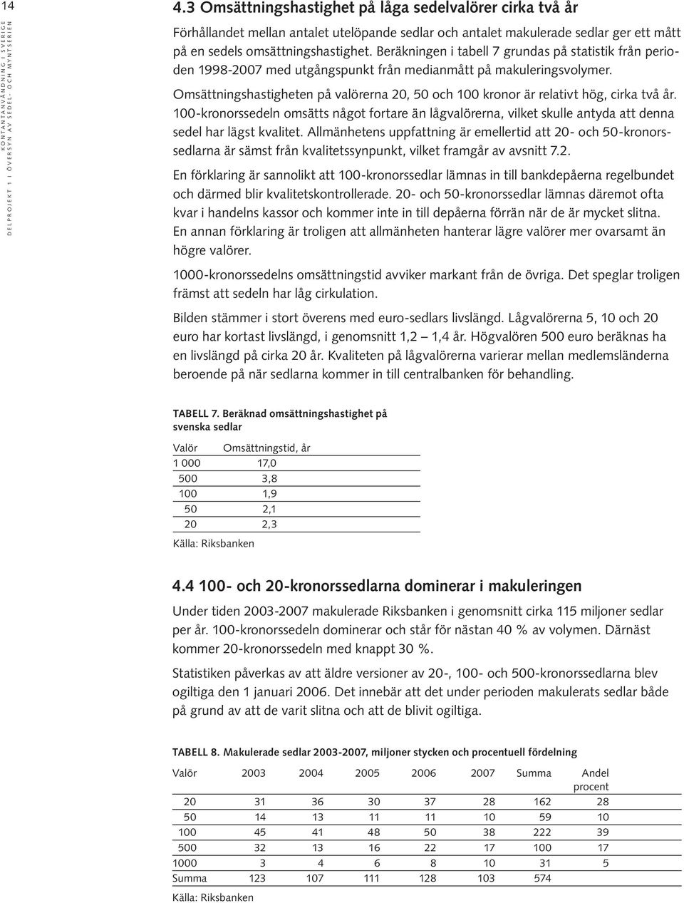 Omsättningshastigheten på valörerna 20, 50 och 100 kronor är relativt hög, cirka två år.