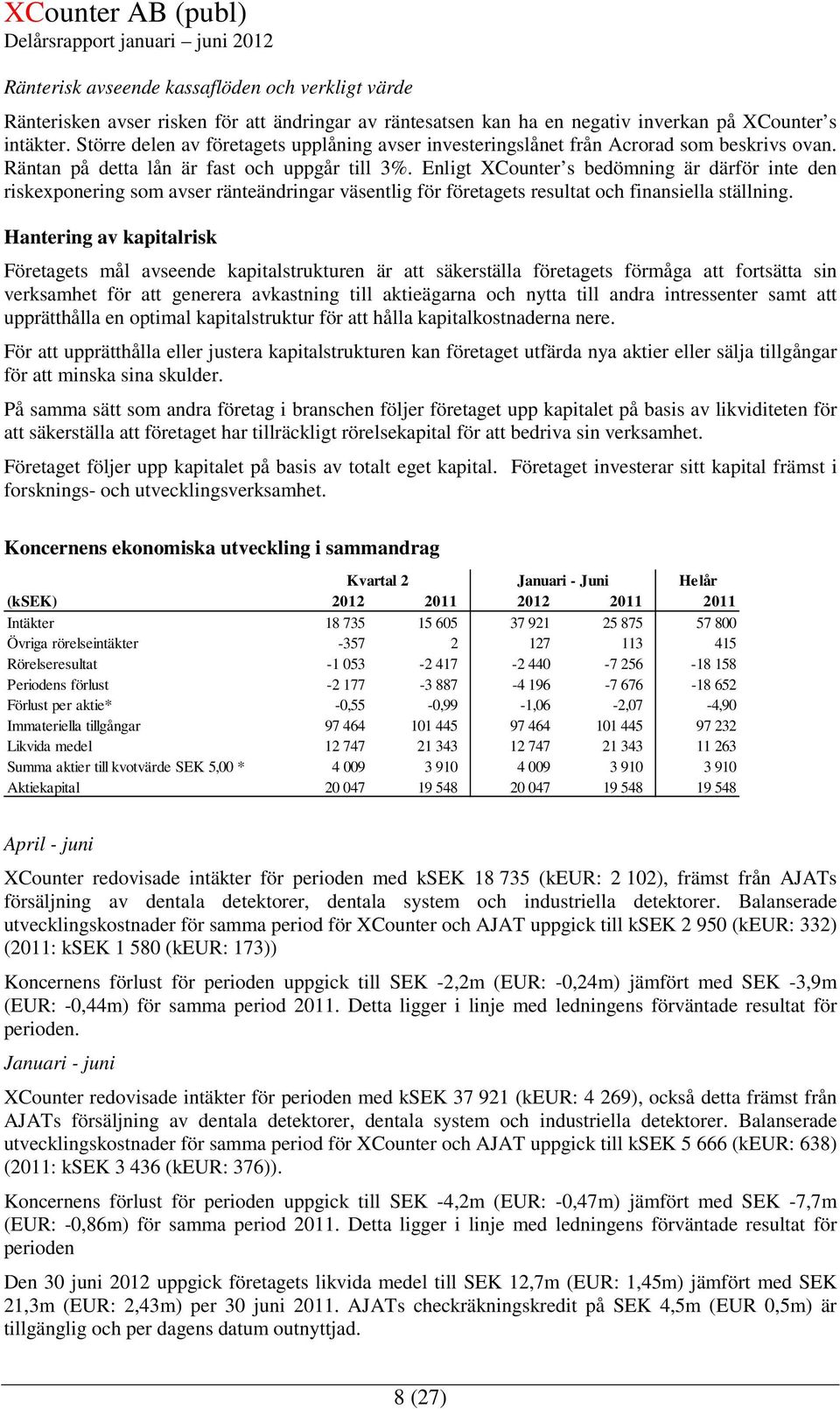 Enligt XCounter s bedömning är därför inte den riskexponering som avser ränteändringar väsentlig för företagets resultat och finansiella ställning.