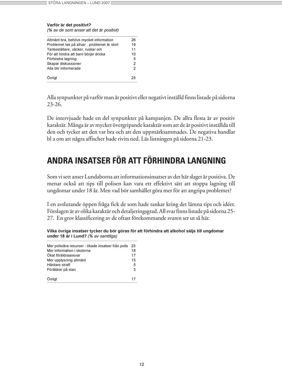 dricka 10 Förhindra lagning 5 Skapar diskussioner 2 Alla blir informerade 2 Övrigt 25 Alla synpunkter på varför man är positivt eller negativt inställd finns listade på sidorna 23-26.