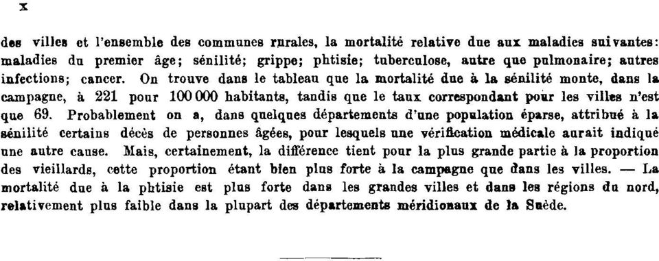 Probablement on a, dans quelques départements d'une population éparse, attribué à la sénilité certains décès de personnes âgées, pour lesquels une vérification médicale aurait indiqué une autre cause.