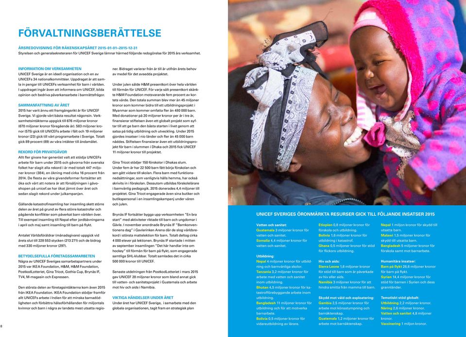 I uppdraget ingår även att informera om UNICEF, bilda opinion och bedriva påverkansarbete i barnrättsfrågor. SAMMANFATTNING AV ÅRET 2015 har varit ännu ett framgångsrikt år för UNICEF Sverige.