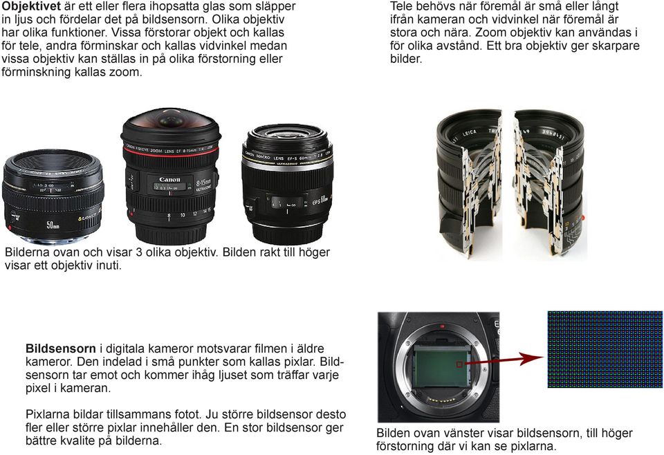 Tele behövs när föremål är små eller långt ifrån kameran och vidvinkel när föremål är stora och nära. Zoom objektiv kan användas i för olika avstånd. Ett bra objektiv ger skarpare bilder.