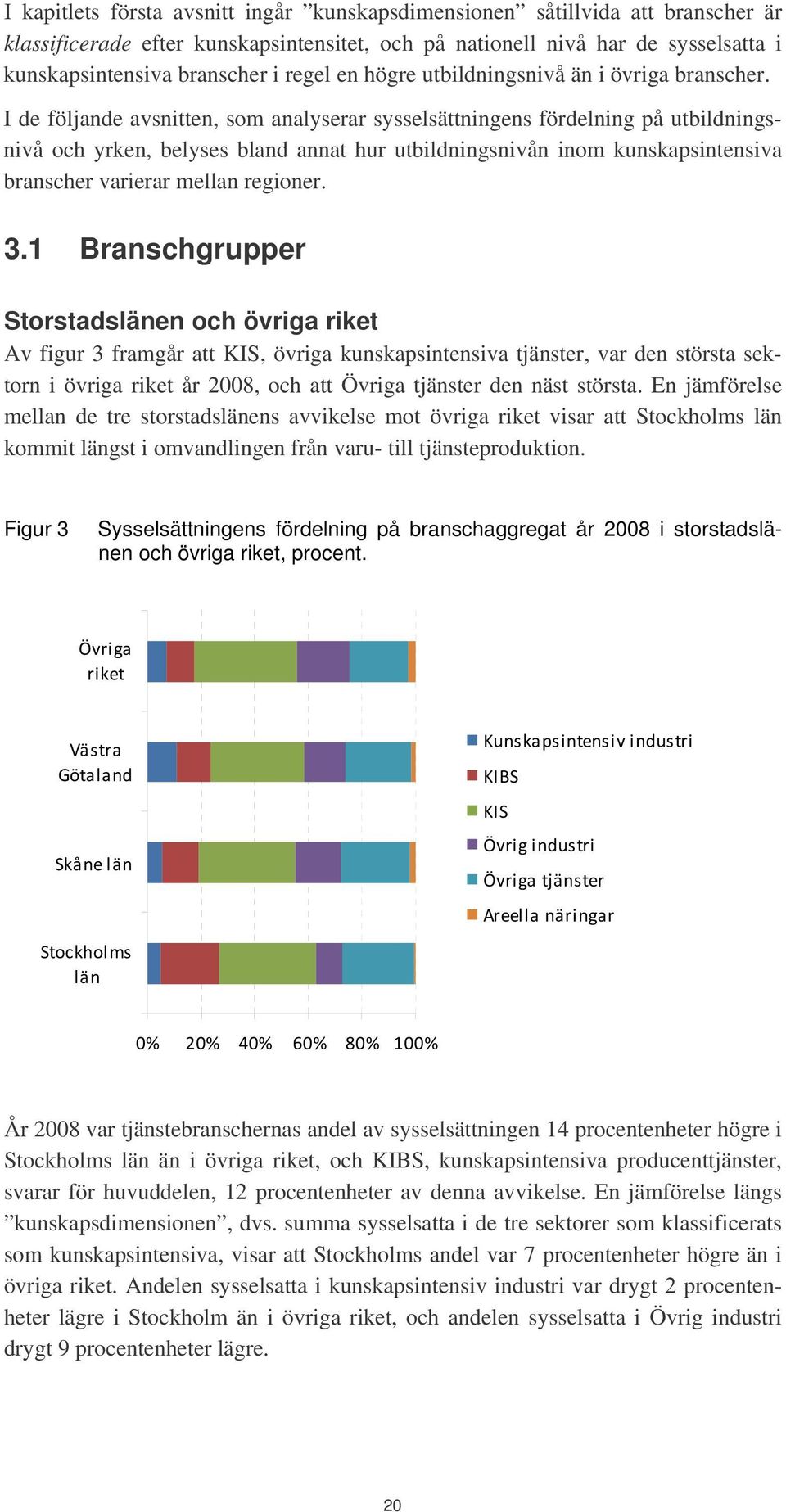 I de följande avsnitten, som analyserar sysselsättningens fördelning på utbildningsnivå och yrken, belyses bland annat hur utbildningsnivån inom kunskapsintensiva branscher varierar mellan regioner.