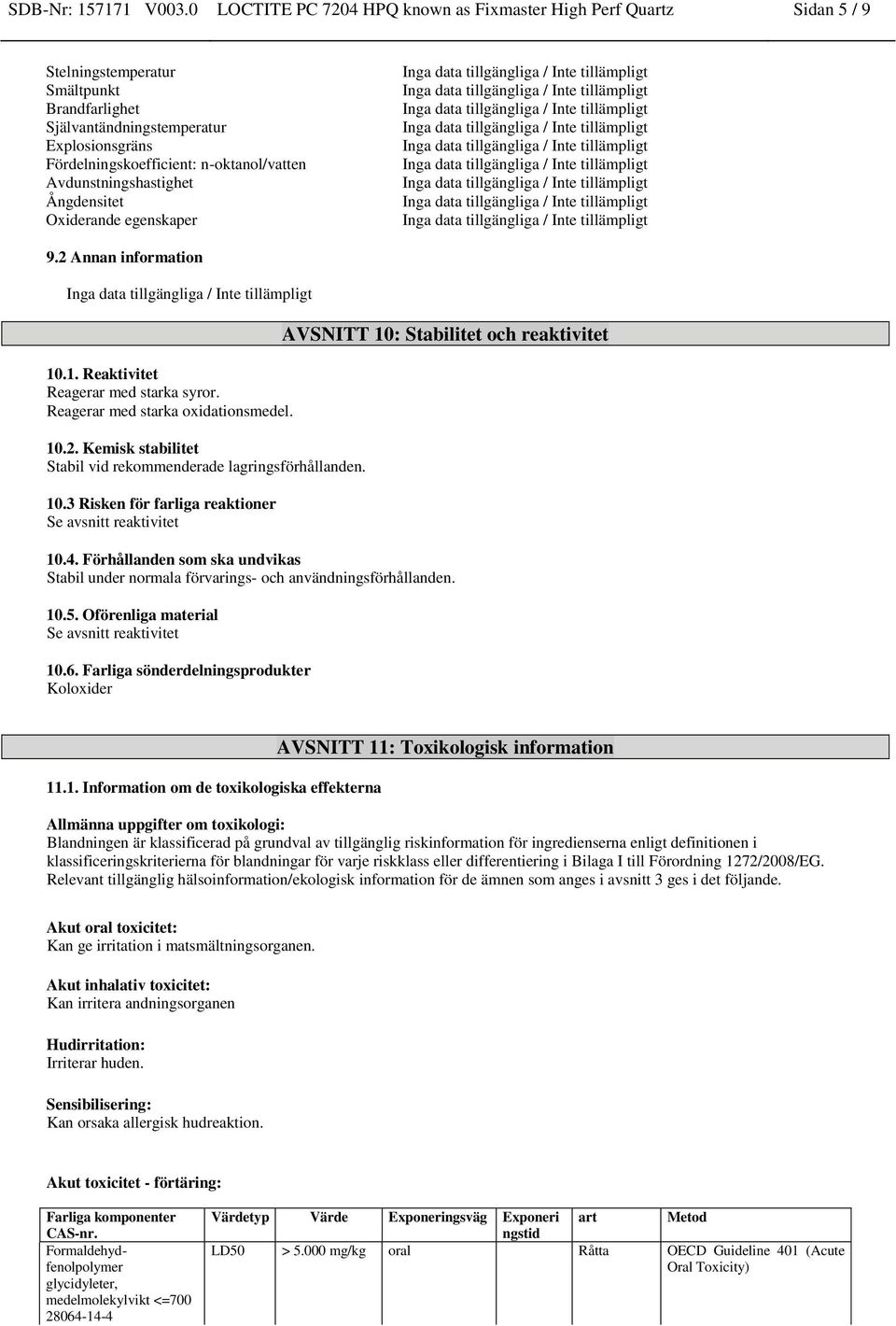 Avdunstningshastighet Ångdensitet Oxiderande egenskaper 9.2 Annan information 10.1. Reaktivitet Reagerar med starka syror. Reagerar med starka oxidationsmedel. 10.2. Kemisk stabilitet Stabil vid rekommenderade lagringsförhållanden.