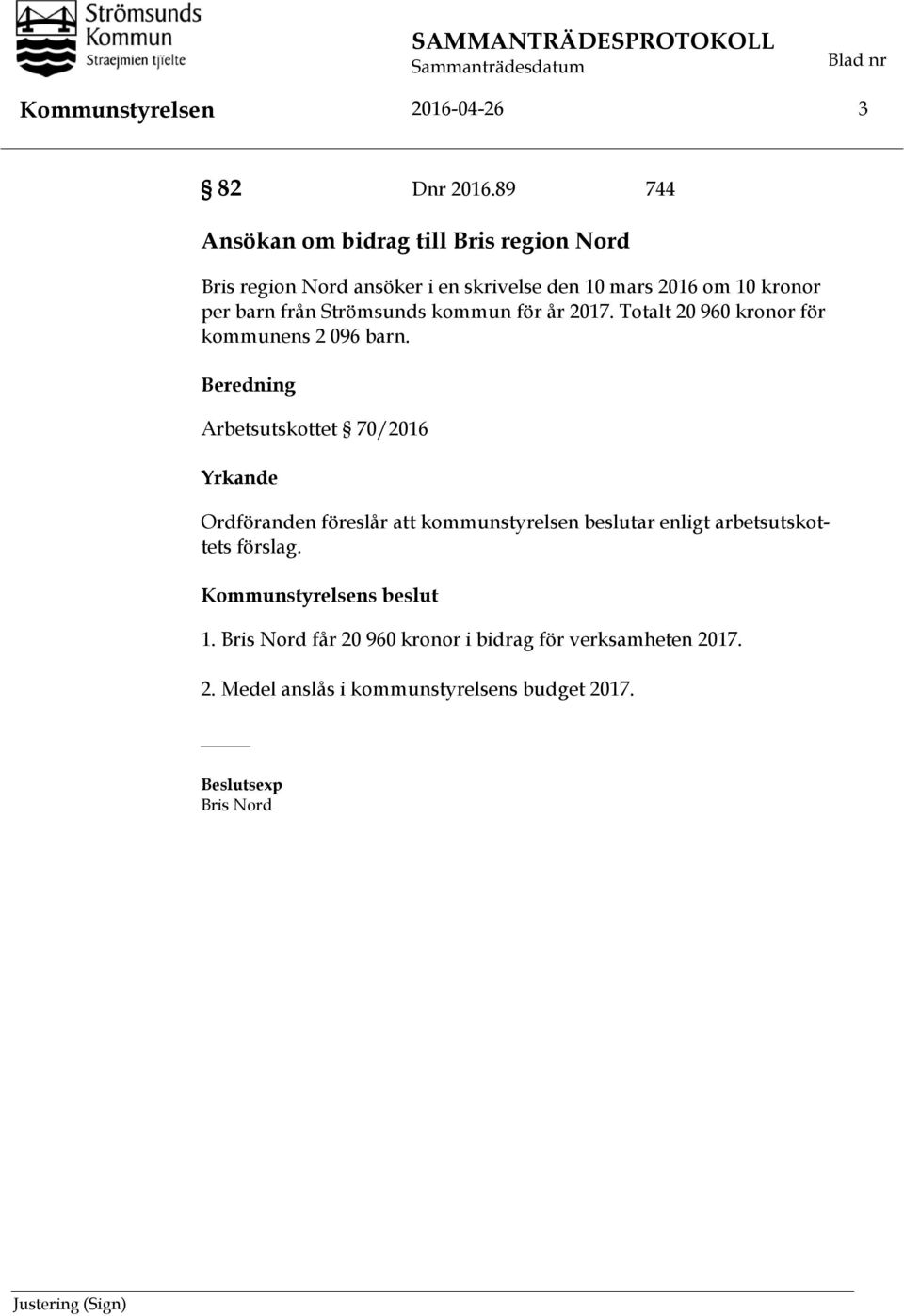 Strömsunds kommun för år 2017. Totalt 20 960 kronor för kommunens 2 096 barn.