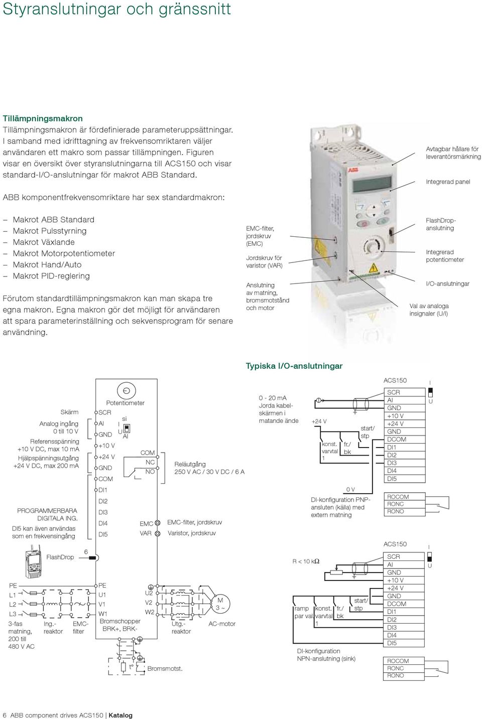 Figuren visar en översikt över styranslutningarna till ACS150 och visar standard-i/o-anslutningar för makrot ABB Standard.