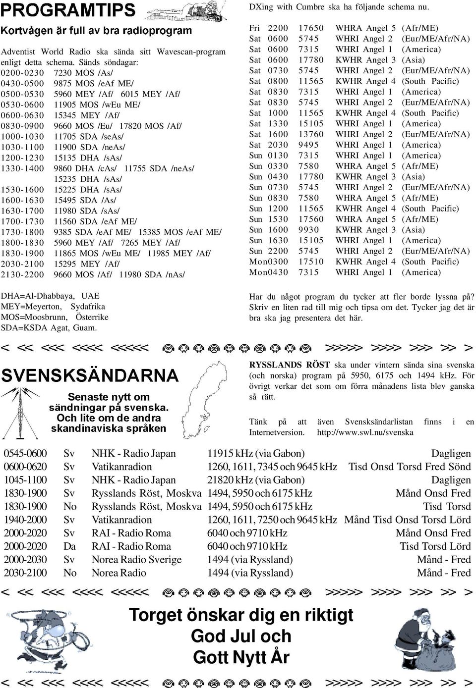 1000-1030 11705 SDA /seas/ 1030-1100 11900 SDA /neas/ 1200-1230 15135 DHA /sas/ 1330-1400 9860 DHA /cas/ 11755 SDA /neas/ 15235 DHA /sas/ 1530-1600 15225 DHA /sas/ 1600-1630 15495 SDA /As/ 1630-1700