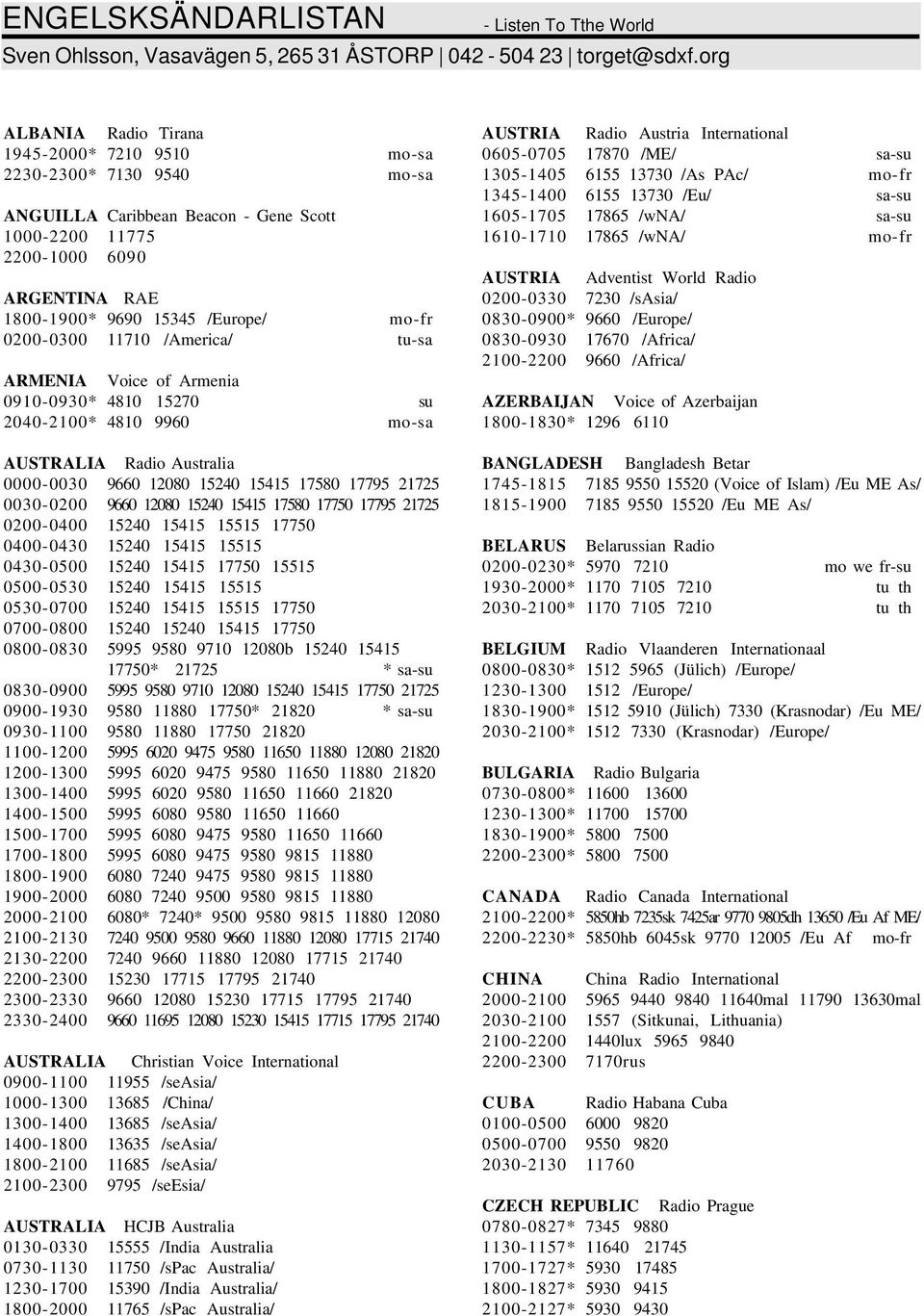 0200-0300 11710 /America/ tu-sa ARMENIA Voice of Armenia 0910-0930* 4810 15270 su 2040-2100* 4810 9960 mo-sa AUSTRALIA Radio Australia 0000-0030 9660 12080 15240 15415 17580 17795 21725 0030-0200