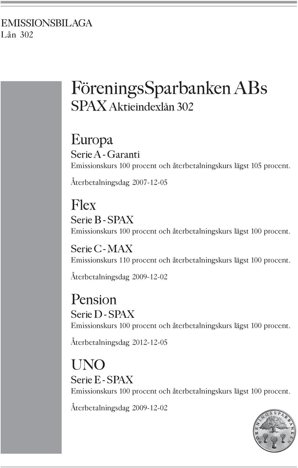 Serie C - MAX Emissionskurs 110 procent och återbetalningskurs lägst 100 procent.