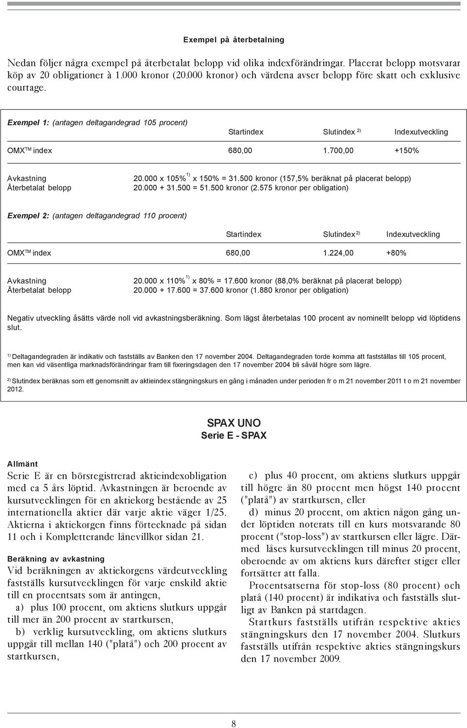 700,00 +150% Avkastning Återbetalat belopp 20.000 x 105% 1) x 150% = 31.500 kronor (157,5% beräknat på placerat belopp) 20.000 + 31.500 = 51.500 kronor (2.