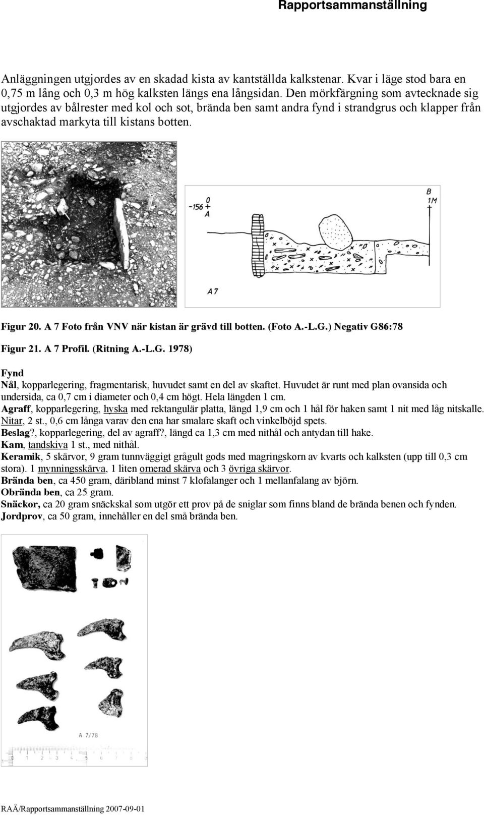 A 7 Foto från VNV när kistan är grävd till botten. (Foto A.-L.G.) Negativ G86:78 Figur 21. A 7 Profil. (Ritning A.-L.G. 1978) Fynd Nål, kopparlegering, fragmentarisk, huvudet samt en del av skaftet.