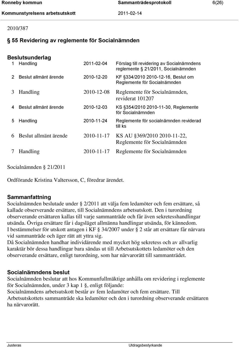 354/2010 2010-11-30, Reglemente för Socialnämnden 5 Handling 2010-11-24 Reglemente för socialnämnden reviderad till ks 6 allmänt ärende 2010-11-17 KS AU 369/2010 2010-11-22, Reglemente för