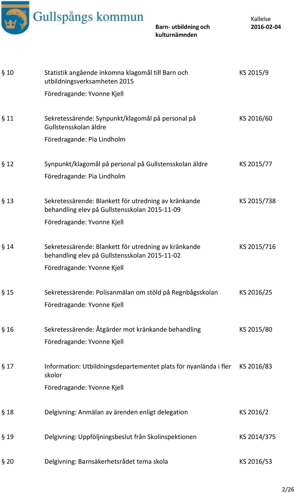 2015-11-09 KS 2015/738 14 Sekretessärende: Blankett för utredning av kränkande behandling elev på Gullstensskolan 2015-11-02 KS 2015/716 15 Sekretessärende: Polisanmälan om stöld på Regnbågsskolan KS