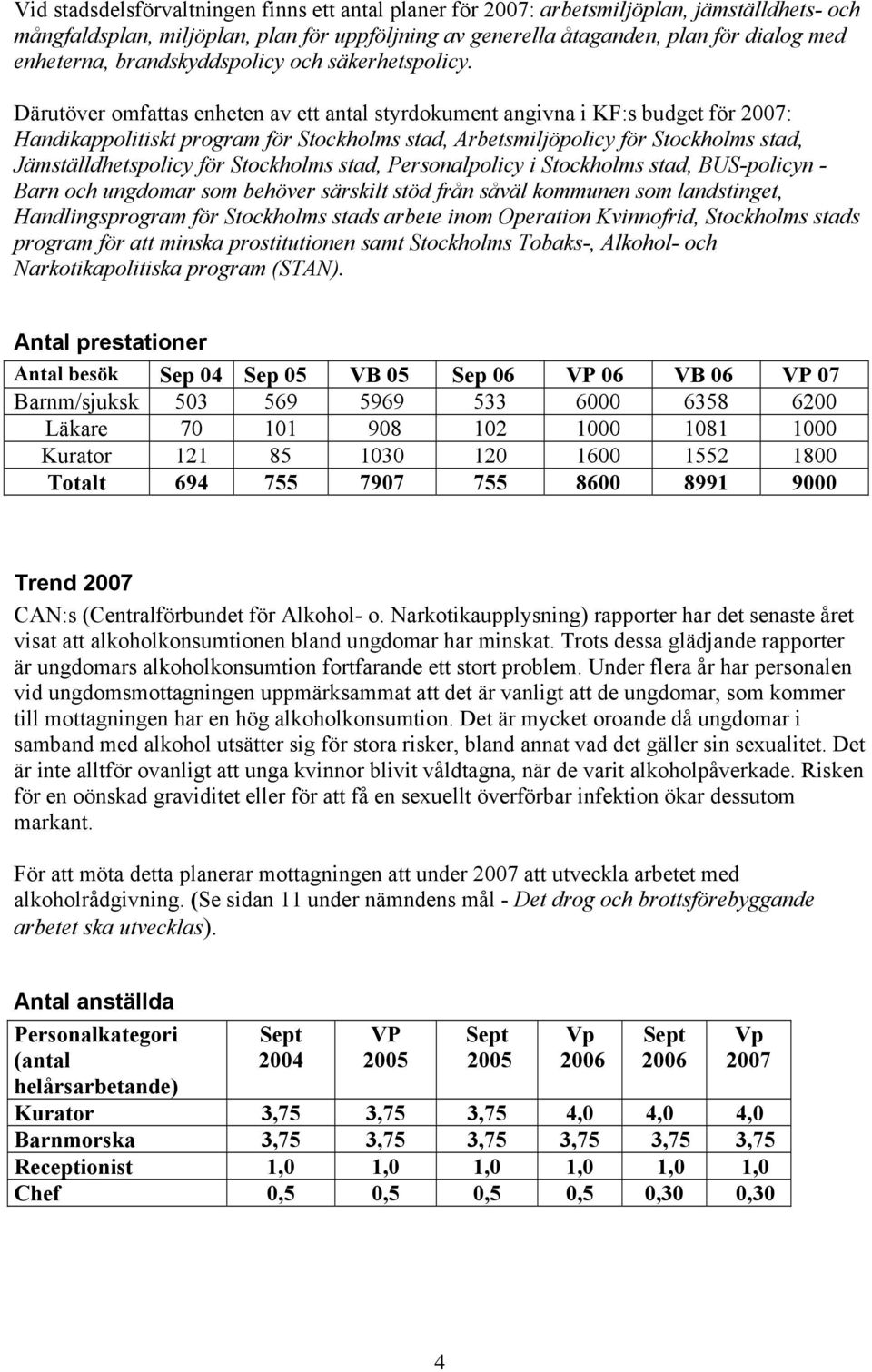 Därutöver omfattas enheten av ett antal styrdokument angivna i KF:s budget för 2007: Handikappolitiskt program för Stockholms stad, Arbetsmiljöpolicy för Stockholms stad, Jämställdhetspolicy för