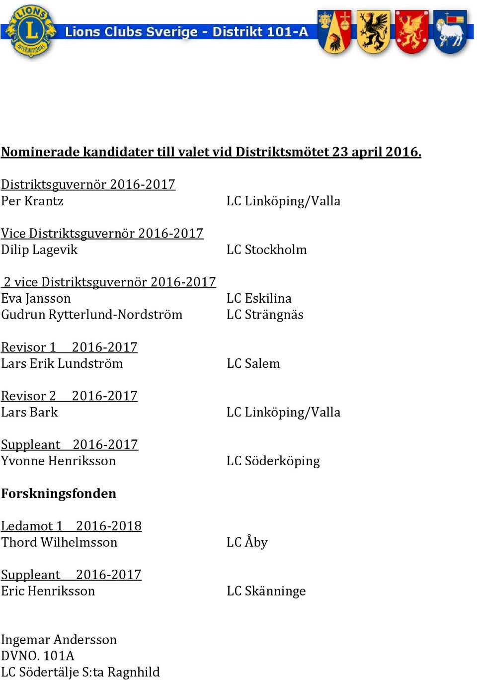 Rytterlund-Nordström Revisor 1 2016-2017 Lars Erik Lundström Revisor 2 2016-2017 Lars Bark Suppleant 2016-2017 Yvonne Henriksson LC Linköping/Valla LC