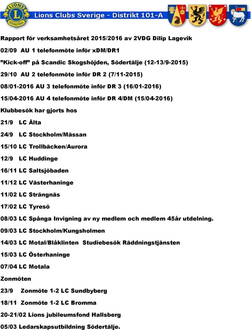 Trollbäcken/Aurora 12/9 LC Huddinge 16/11 LC Saltsjöbaden 11/12 LC Västerhaninge 11/02 LC Strängnäs 17/02 LC Tyresö 08/03 LC Spånga Invigning av ny medlem och medlem 45år utdelning.