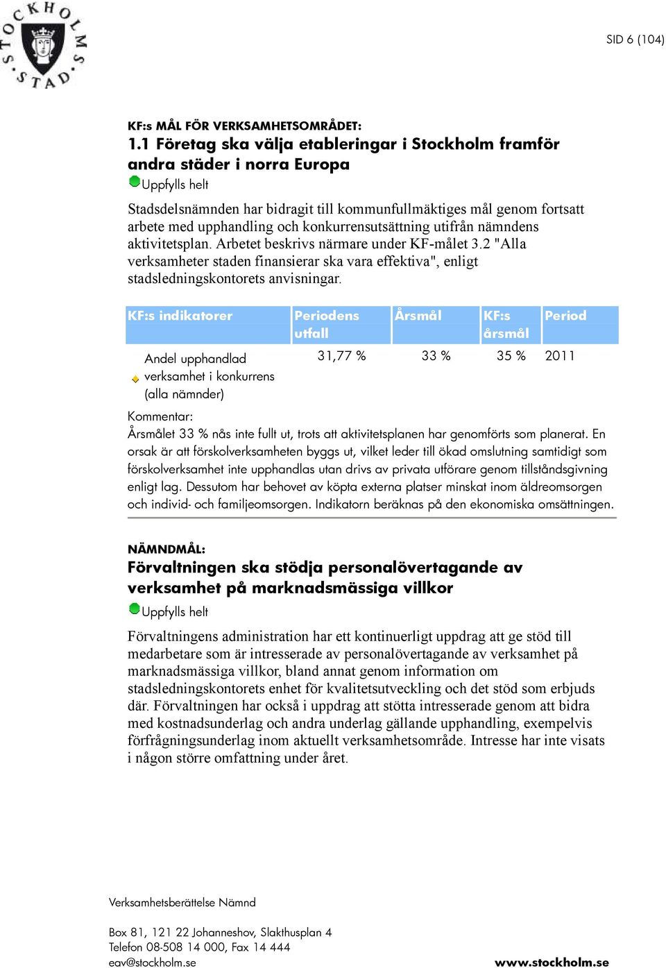 konkurrensutsättning utifrån nämndens aktivitetsplan. Arbetet beskrivs närmare under KF-målet 3.2 "Alla verksamheter staden finansierar ska vara effektiva", enligt stadsledningskontorets anvisningar.