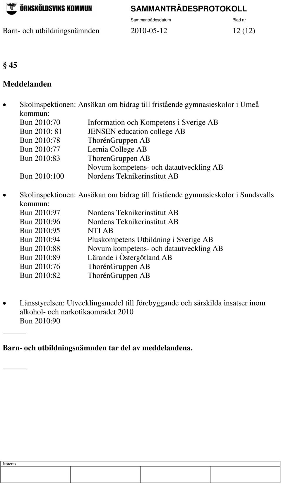 Teknikerinstitut AB Skolinspektionen: Ansökan om bidrag till fristående gymnasieskolor i Sundsvalls kommun: Bun 2010:97 Nordens Teknikerinstitut AB Bun 2010:96 Nordens Teknikerinstitut AB Bun 2010:95