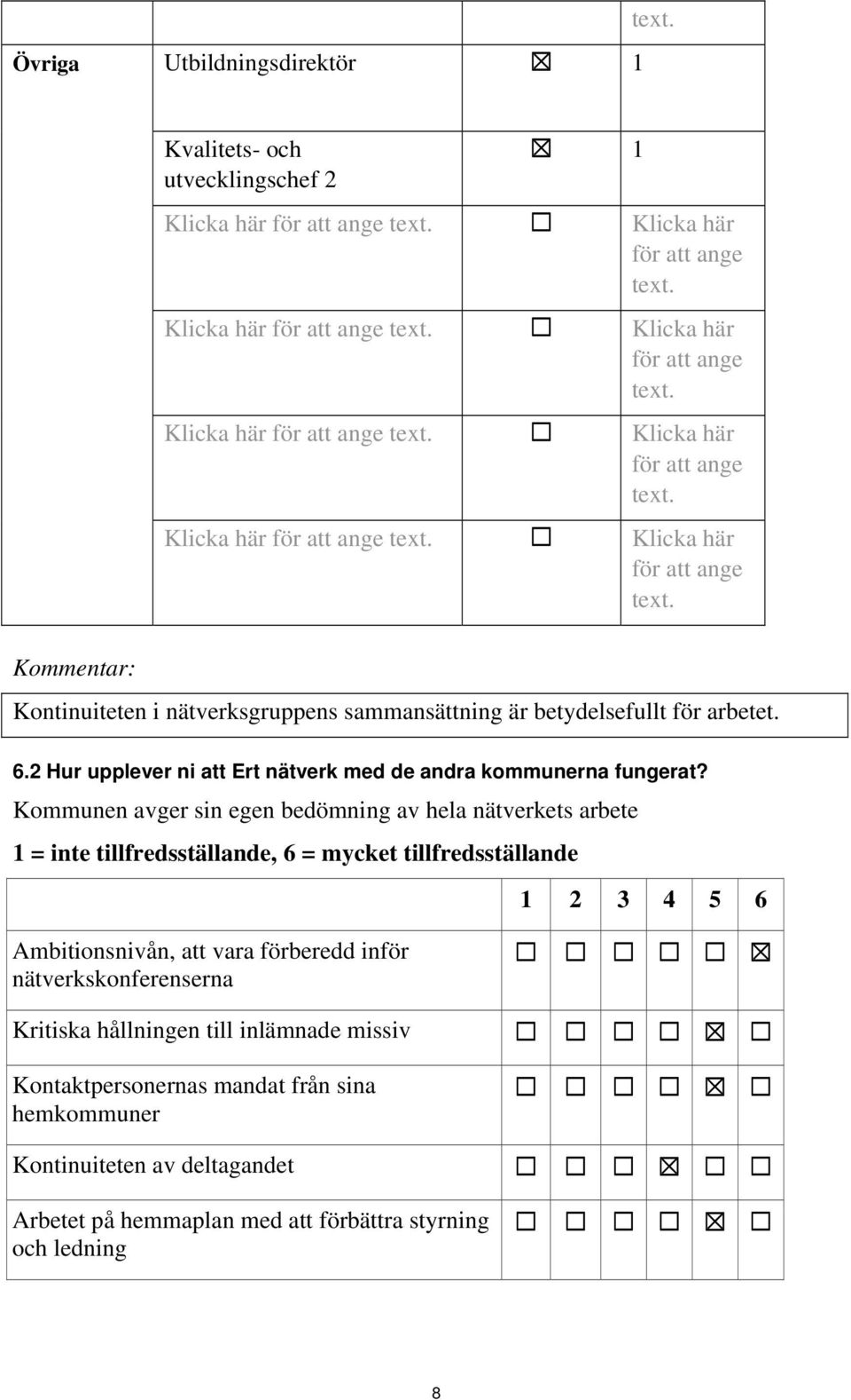 Kommunen avger sin egen bedömning av hela nätverkets arbete 1 = inte tillfredsställande, 6 = mycket tillfredsställande 1 2 3 4 5 6 Ambitionsnivån, att vara förberedd inför nätverkskonferenserna