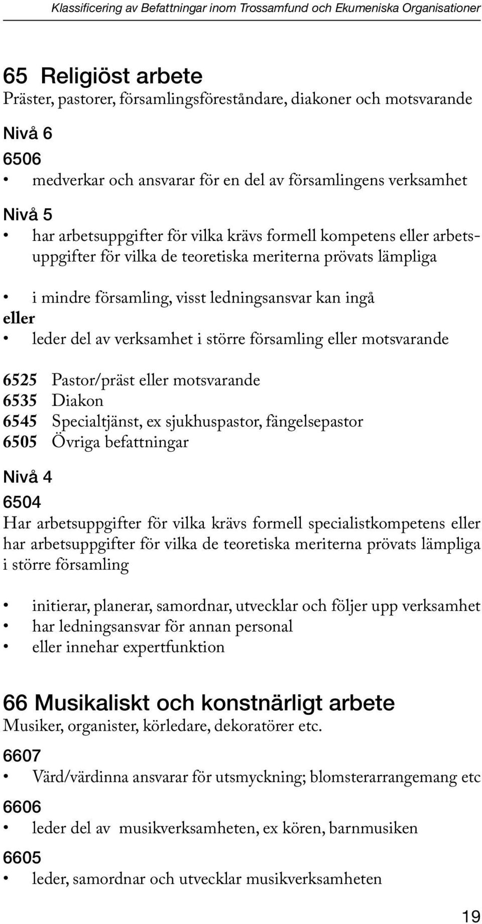 församling, visst ledningsansvar kan ingå eller leder del av verksamhet i större församling eller motsvarande 6525 Pastor/präst eller motsvarande 6535 Diakon 6545 Specialtjänst, ex sjukhuspastor,