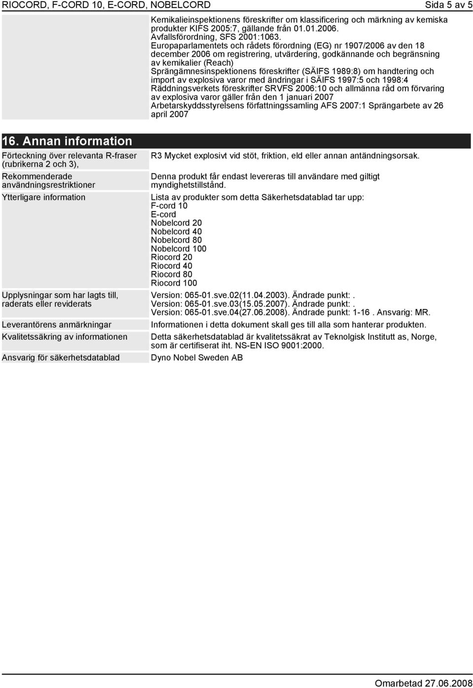 Europaparlamentets och rådets förordning (EG) nr 1907/2006 av den 18 december 2006 om registrering, utvärdering, godkännande och begränsning av kemikalier (Reach) Sprängämnesinspektionens