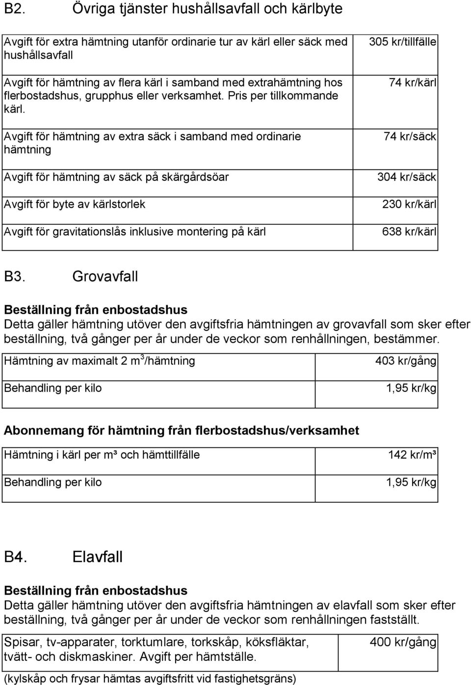 Avgift för hämtning av extra säck i samband med ordinarie hämtning Avgift för hämtning av säck på skärgårdsöar Avgift för byte av kärlstorlek Avgift för gravitationslås inklusive montering på kärl