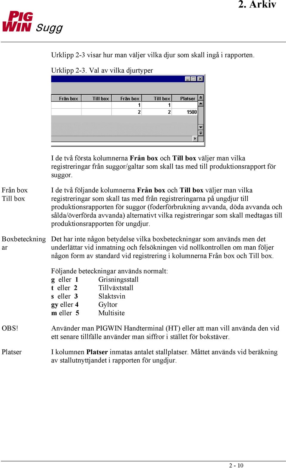 Från box Till box Boxbeteckning ar I de två följande kolumnerna Från box och Till box väljer man vilka registreringar som skall tas med från registreringarna på ungdjur till produktionsrapporten för