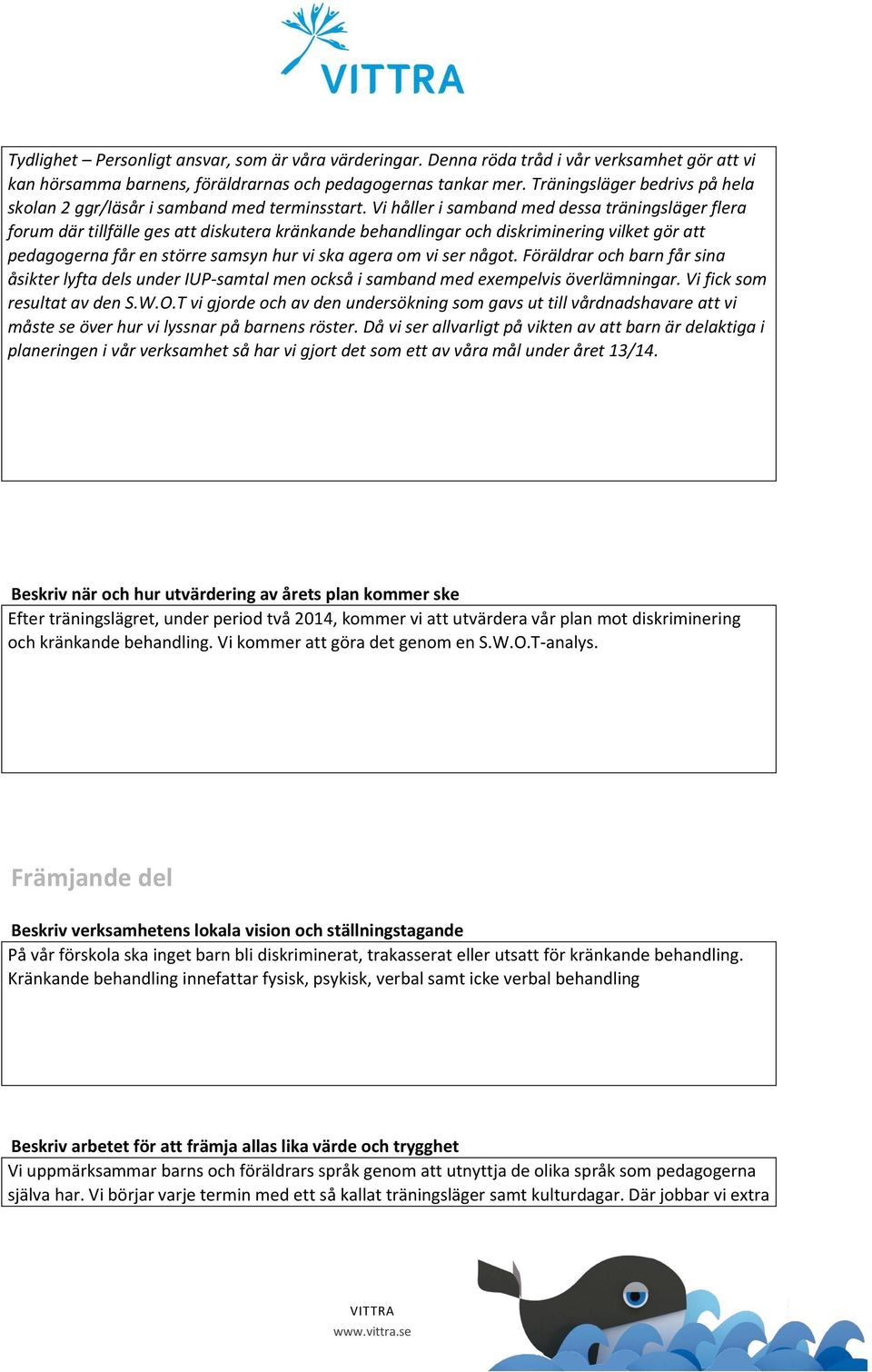 Vi håller i samband med dessa träningsläger flera forum där tillfälle ges att diskutera kränkande behandlingar och diskriminering vilket gör att pedagogerna får en större samsyn hur vi ska agera om