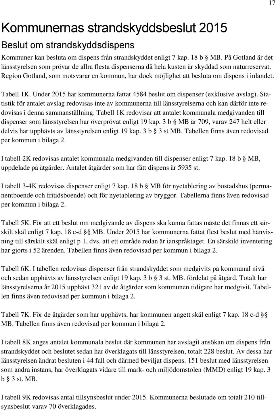 Region Gotland, som motsvarar en kommun, har dock möjlighet att besluta om dispens i inlandet. Tabell 1K. Under 2015 har kommunerna fattat 4584 beslut om dispenser (exklusive avslag).