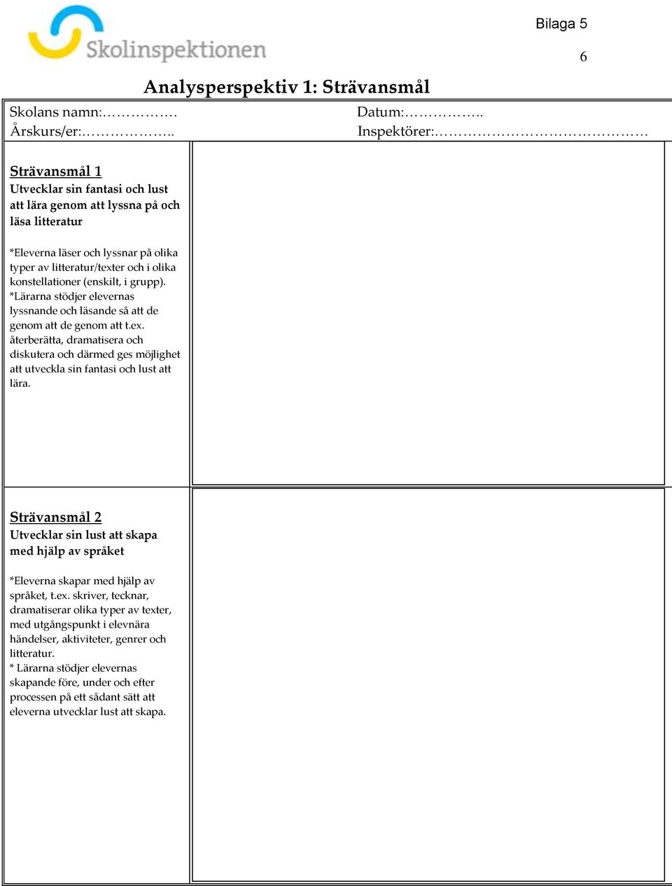 *Lärarna stödjer elevernas lyssnande och läsande så att de genom att de genom att t.ex. återberätta, dramatisera och diskutera och därmed ges möjlighet att utveckla sin fantasi och lust att lära.