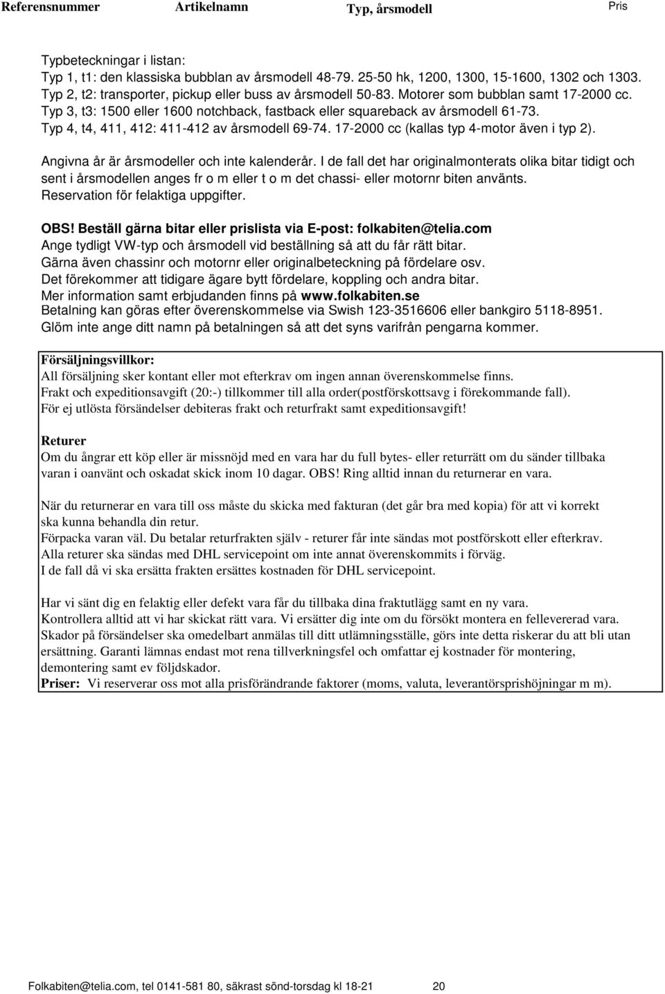 17-2000 cc (kallas typ 4-motor även i typ 2). Angivna år är årsmodeller och inte kalenderår.