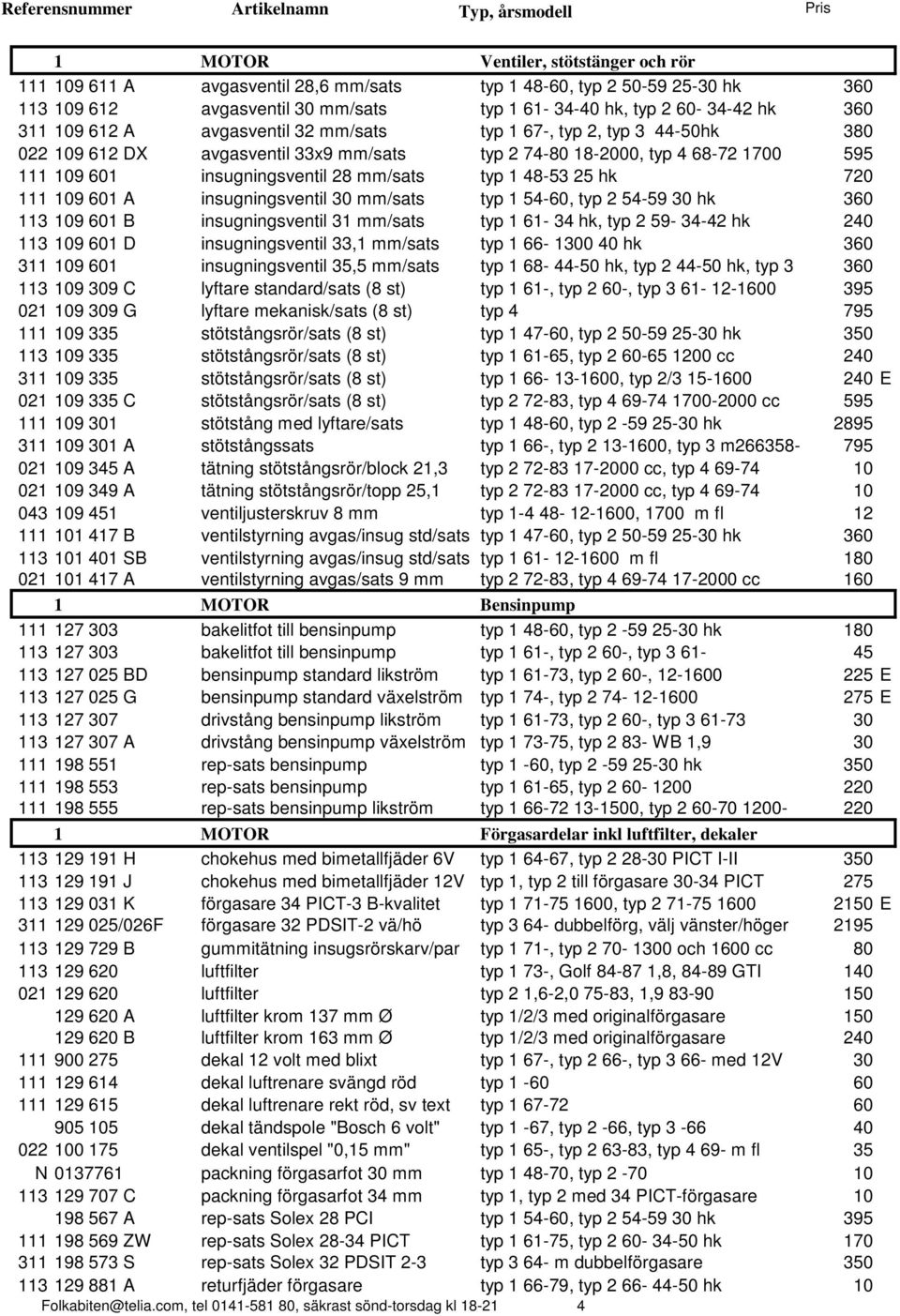 25 hk 720 111 109 601 A insugningsventil 30 mm/sats typ 1 54-60, typ 2 54-59 30 hk 360 113 109 601 B insugningsventil 31 mm/sats typ 1 61-34 hk, typ 2 59-34-42 hk 240 113 109 601 D insugningsventil