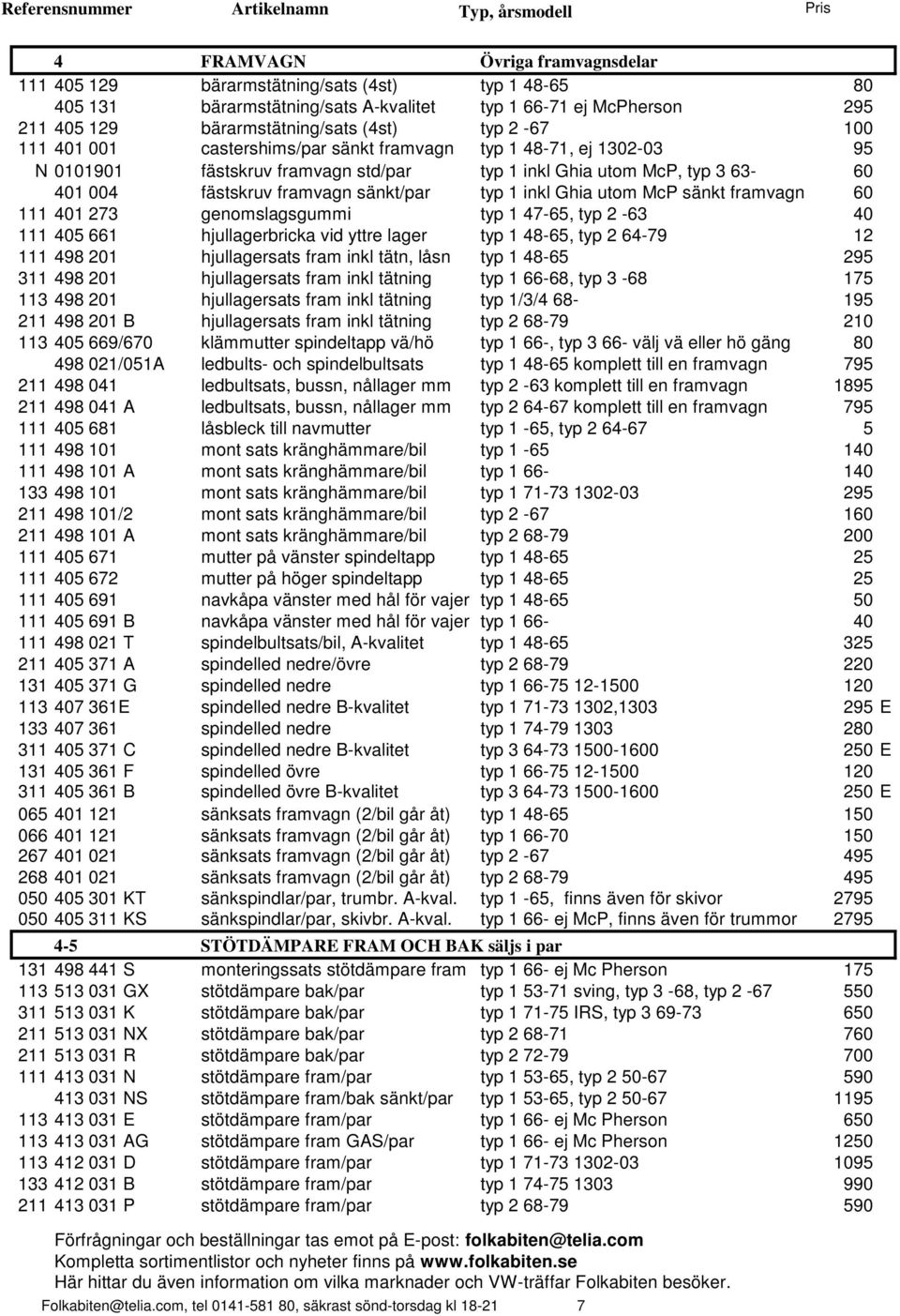 inkl Ghia utom McP sänkt framvagn 60 111 401 273 genomslagsgummi typ 1 47-65, typ 2-63 40 111 405 661 hjullagerbricka vid yttre lager typ 1 48-65, typ 2 64-79 12 111 498 201 hjullagersats fram inkl