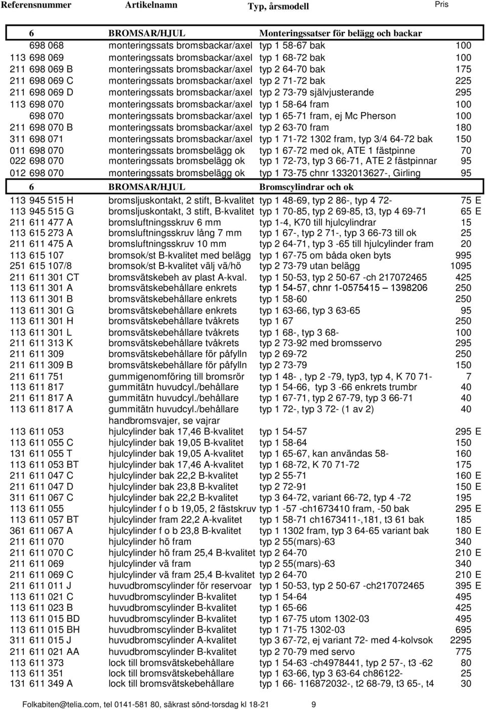 698 070 monteringssats bromsbackar/axel typ 1 58-64 fram 100 698 070 monteringssats bromsbackar/axel typ 1 65-71 fram, ej Mc Pherson 100 211 698 070 B monteringssats bromsbackar/axel typ 2 63-70 fram