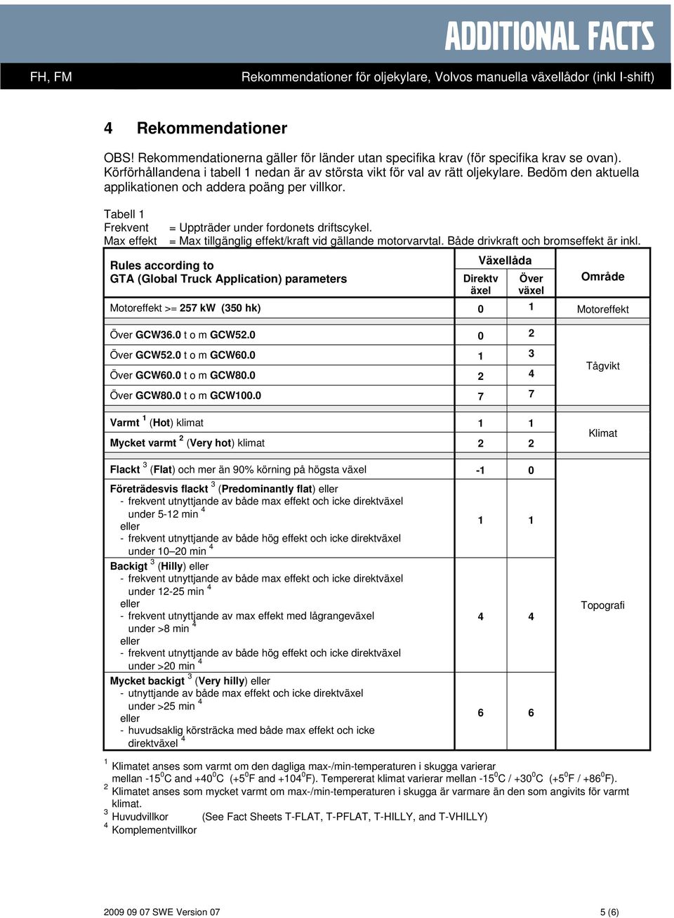 Tabell 1 Frekvent = Uppträder under fordonets driftscykel. Max effekt = Max tillgänglig effekt/kraft vid gällande motorvarvtal. Både drivkraft och bromseffekt är inkl.