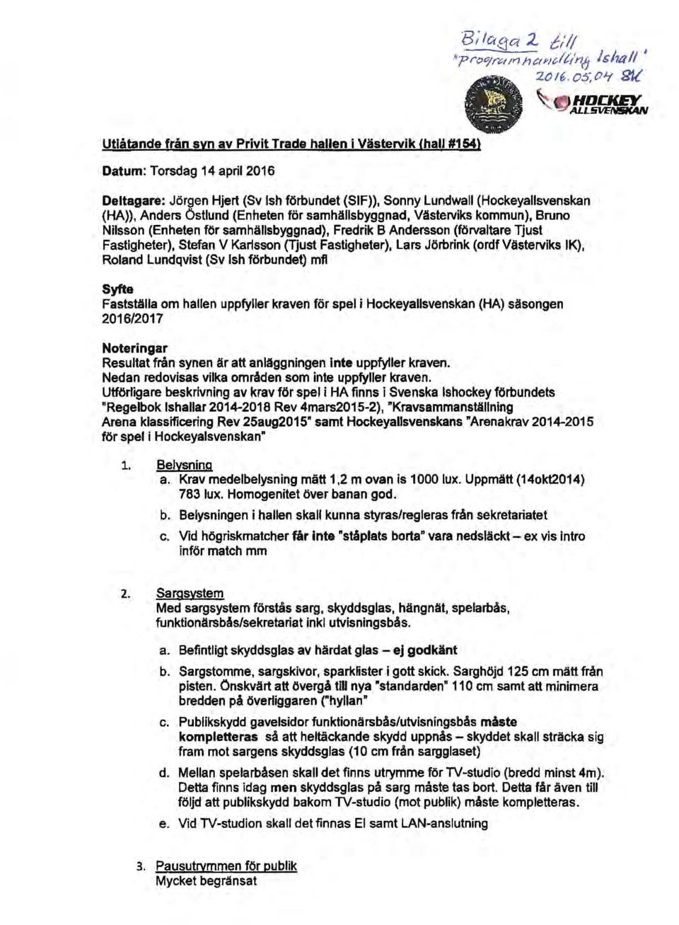 (ordf Västerviks IK), Roland Lundqvist (Sv lsh förbundet) mfl Syfte Fastställa om hallen uppfyller kraven för spel i Hockeyallsvenskan (HA) säsongen 2016/2017 Noteringar Resultat från synen är att