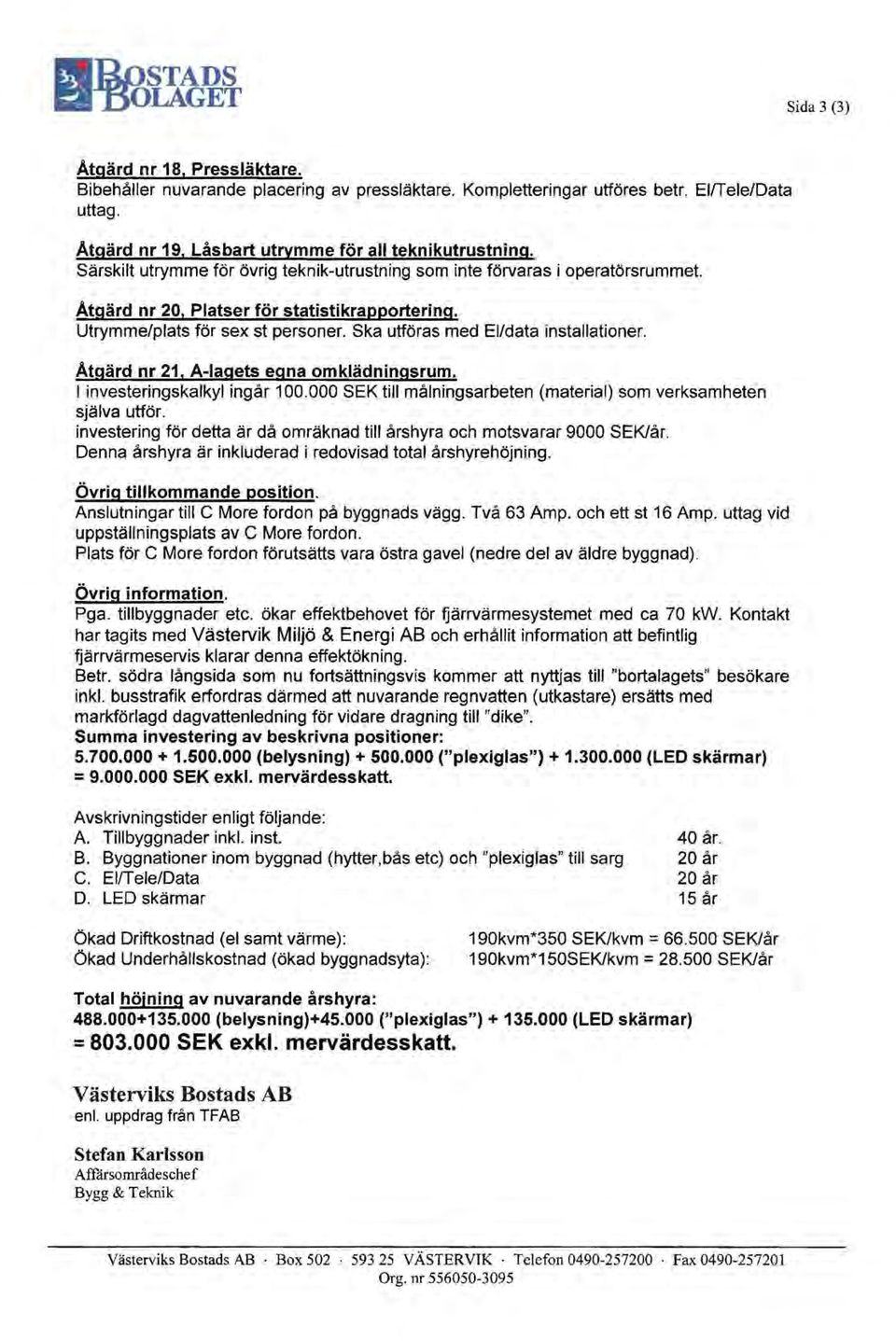 Utrymme/plats för se st personer. Ska utföras med El/data installationer. Åtgärd nr 21. A-lagets egna omklädningsrum. l investeringskalkyl ingår 100.