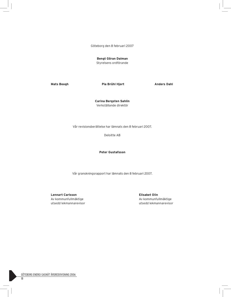 2007. Deloitte AB Peter Gustafsson Vår granskningsrapport har lämnats den 8 februari 2007.