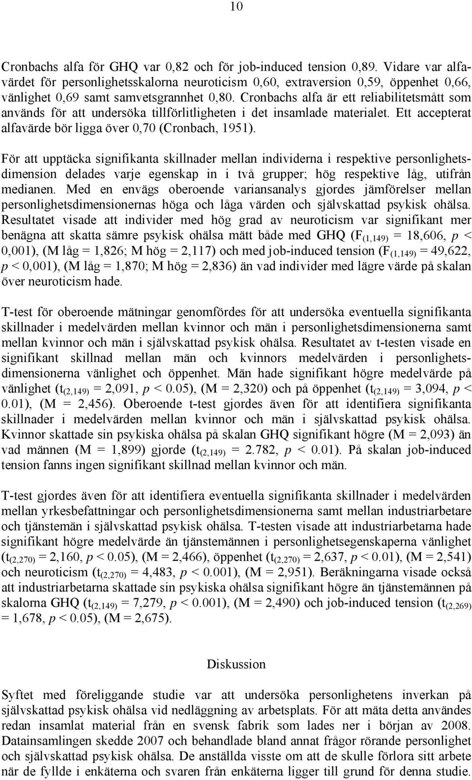 Cronbachs alfa är ett reliabilitetsmått som används för att undersöka tillförlitligheten i det insamlade materialet. Ett accepterat alfavärde bör ligga över 0,70 (Cronbach, 1951).