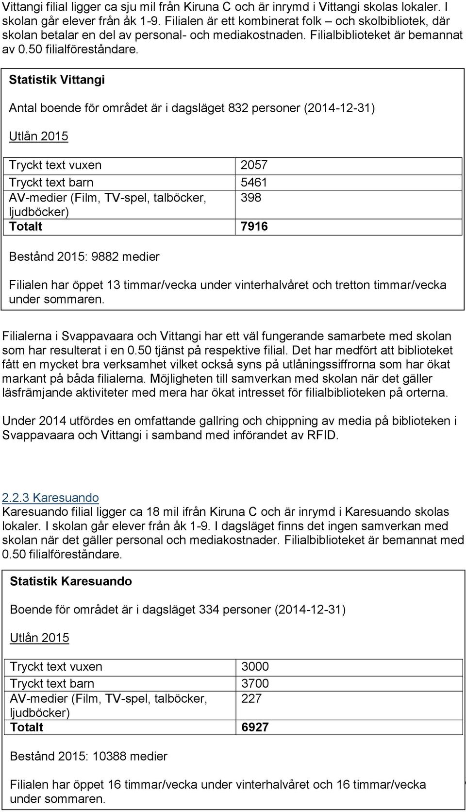 Statistik Vittangi Antal boende för området är i dagsläget 832 personer (2014-12-31) Utlån 2015 Tryckt text vuxen 2057 Tryckt text barn 5461 AV-medier (Film, TV-spel, talböcker, 398 ljudböcker)