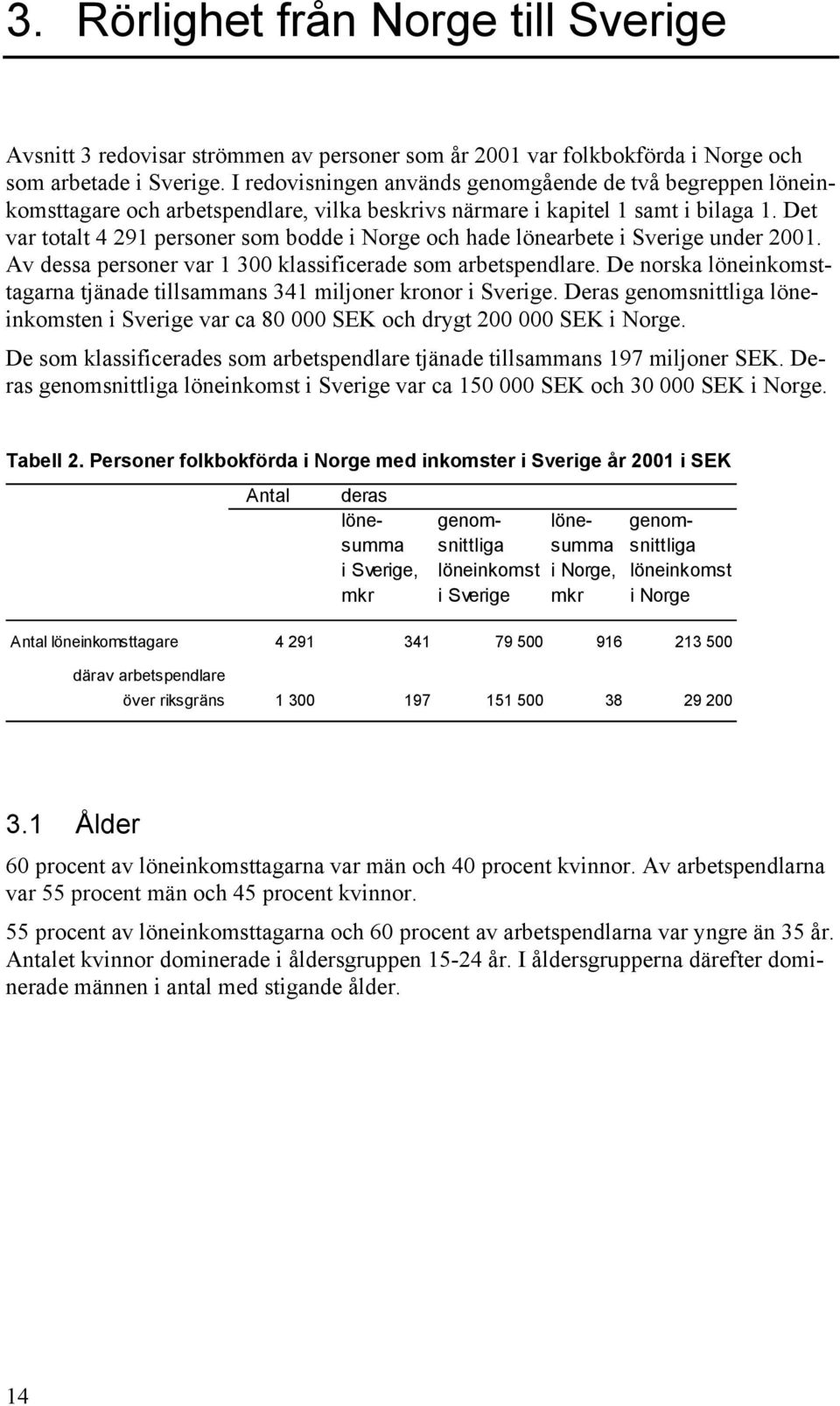 Det var totalt 4 291 personer som bodde i Norge och hade lönearbete i Sverige under 2001. Av dessa personer var 1 300 klassificerade som arbetspendlare.