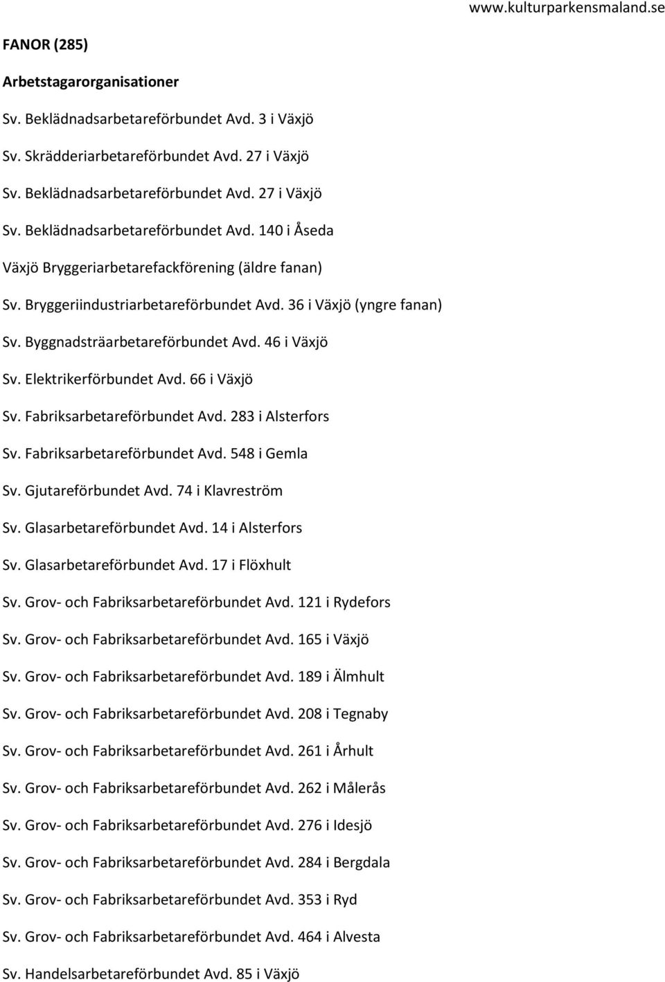 283 i Alsterfors Sv. Fabriksarbetareförbundet Avd. 548 i Gemla Sv. Gjutareförbundet Avd. 74 i Klavreström Sv. Glasarbetareförbundet Avd. 14 i Alsterfors Sv. Glasarbetareförbundet Avd. 17 i Flöxhult Sv.